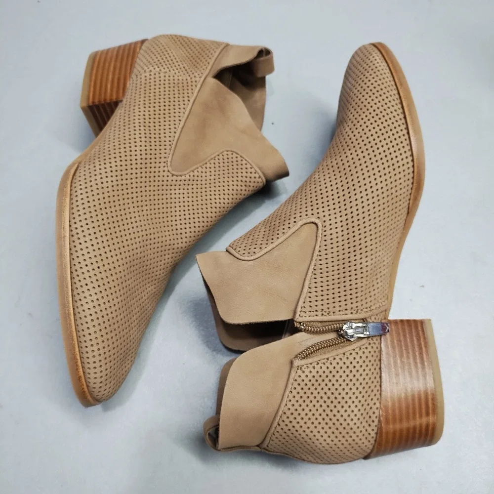 Via Spiga Tricia Ankle Booties Womens US 9 Brown Perforated Almond Toe Side Zip